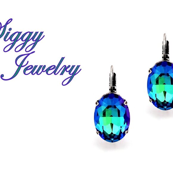 Sphinx Green Blue 18x13mm Oval Drop Crystal Earrings, Large Statement Lever Back - Picture 3 of 7